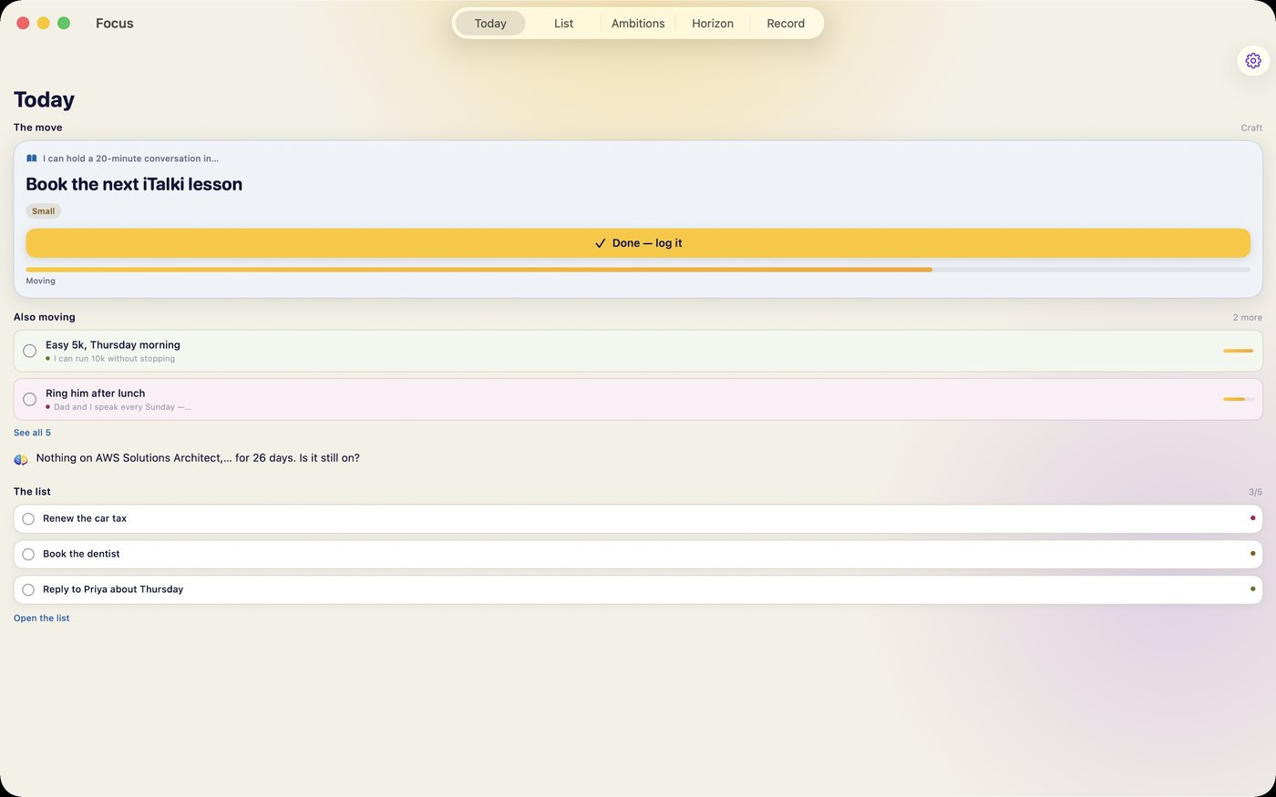 Signalkind Focus running on macOS, showing Today with the move that matters above the list