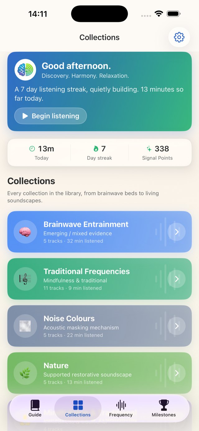 The Frequency collections screen