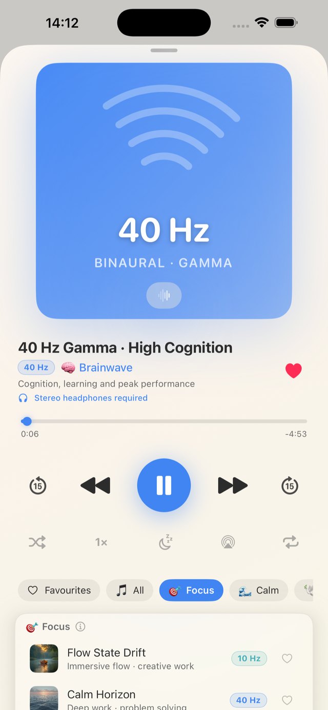 The Frequency player showing a 40 Hz binaural gamma track