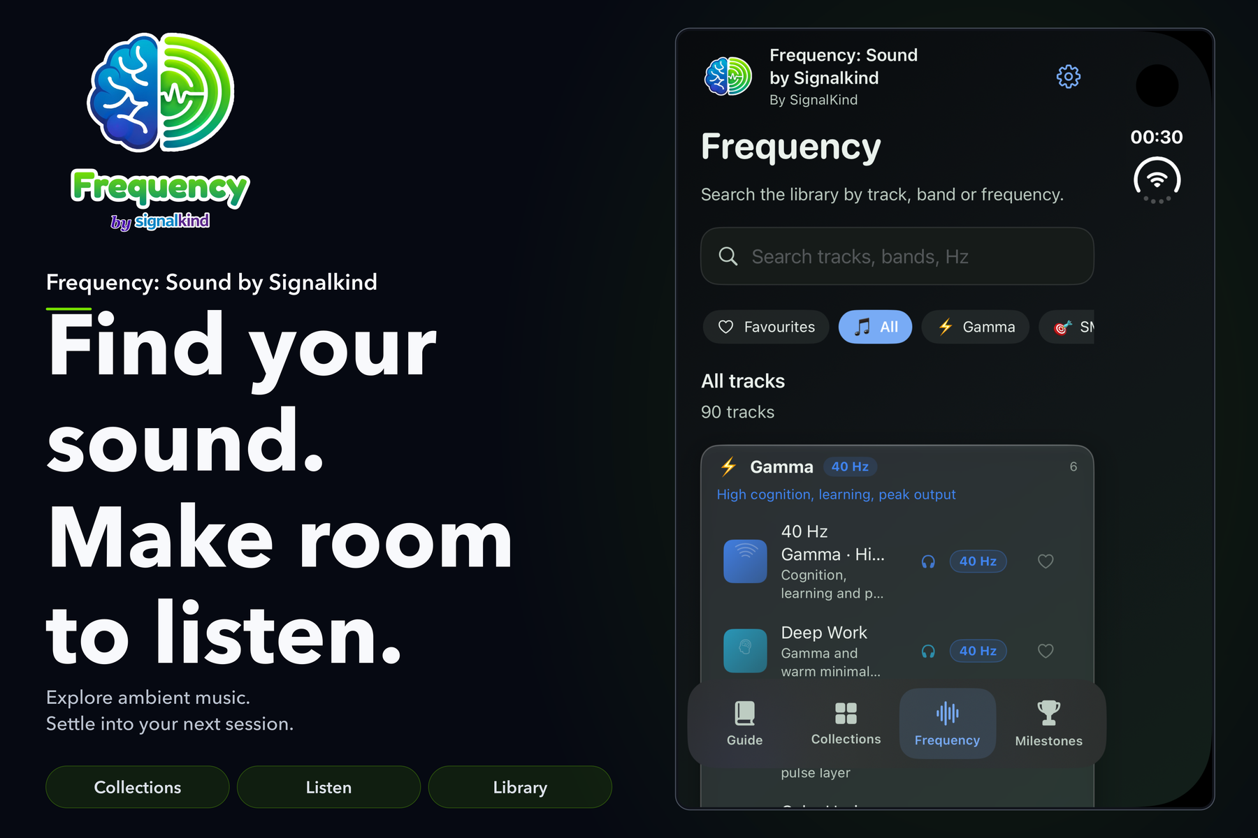 Frequency: Choose a sound. Make some space.. Actual app screen with illustrative entries.