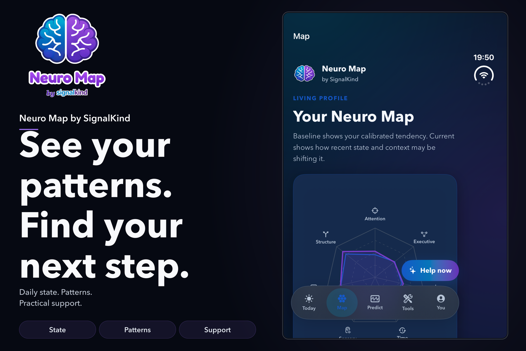 Neuro Map: Notice your patterns. Find useful support.. Actual app screen with illustrative entries.
