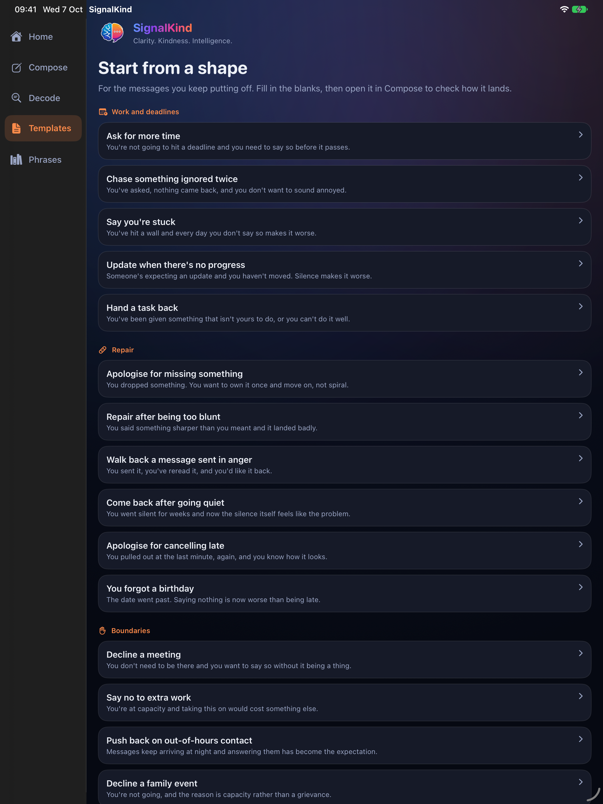 Communication Templates on iPad, dark appearance. Illustrative app entries.