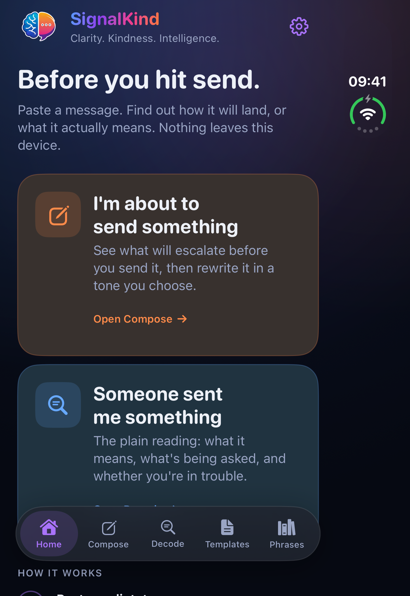 Communication Home on iPhone Duo outer display, dark appearance. Illustrative app entries.
