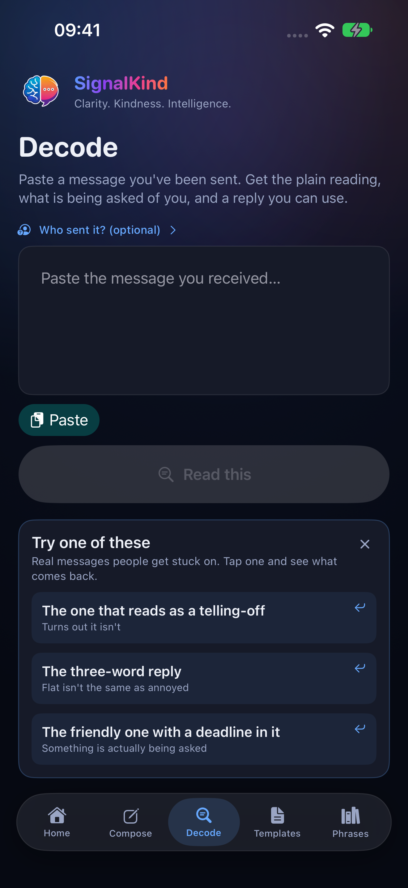 Communication Decode on iPhone, dark appearance. Illustrative app entries.