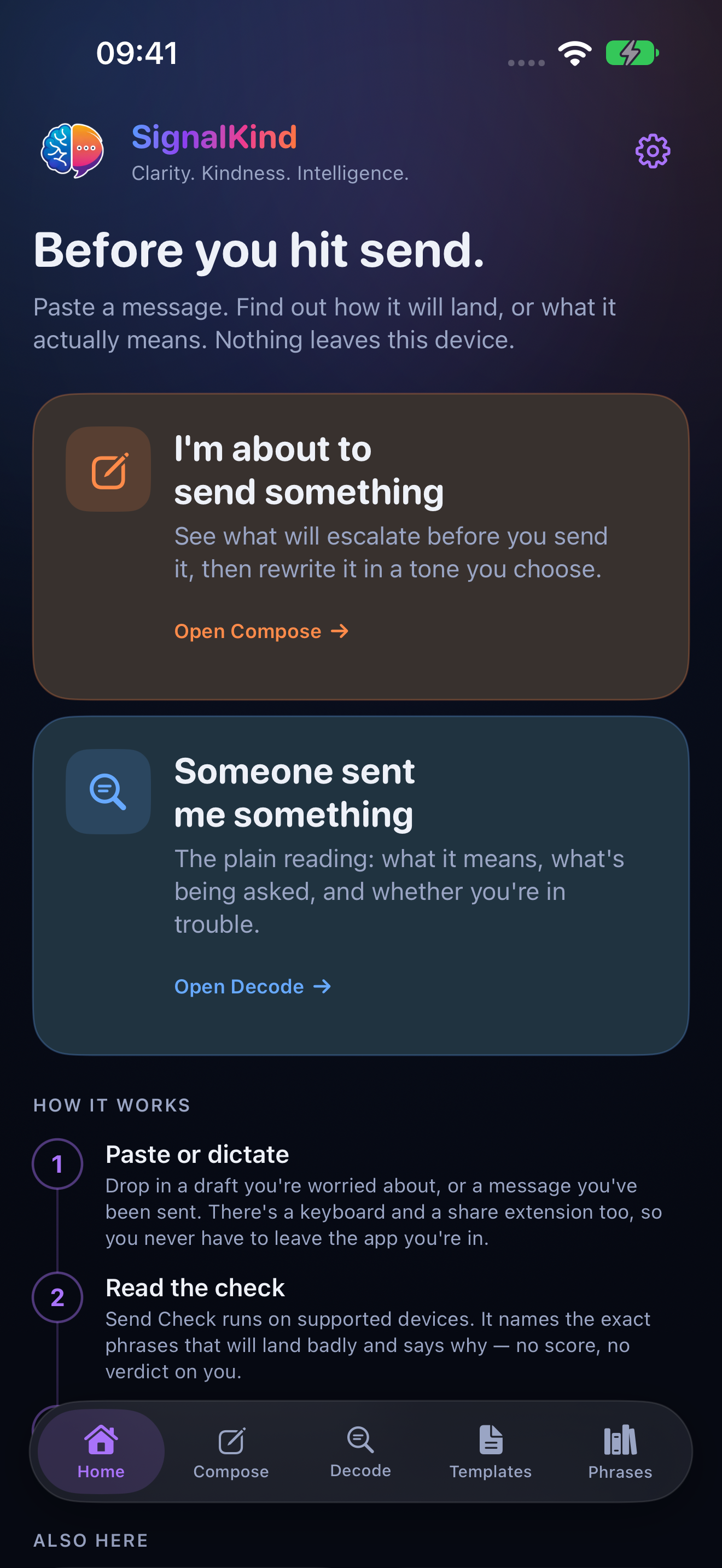 Communication Home on iPhone, dark appearance. Illustrative app entries.
