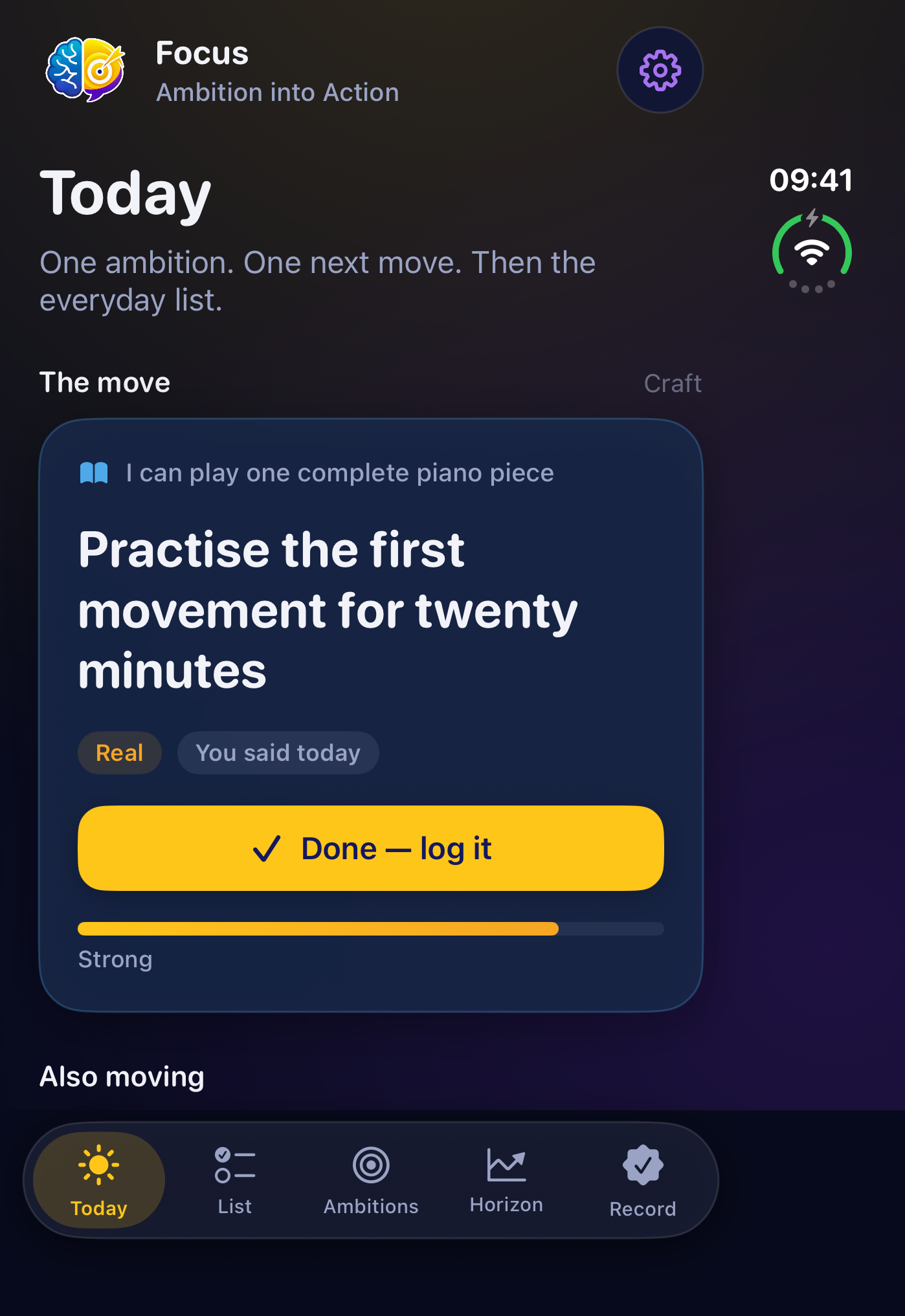 Focus Today on iPhone Duo outer display, dark appearance. Illustrative app entries.