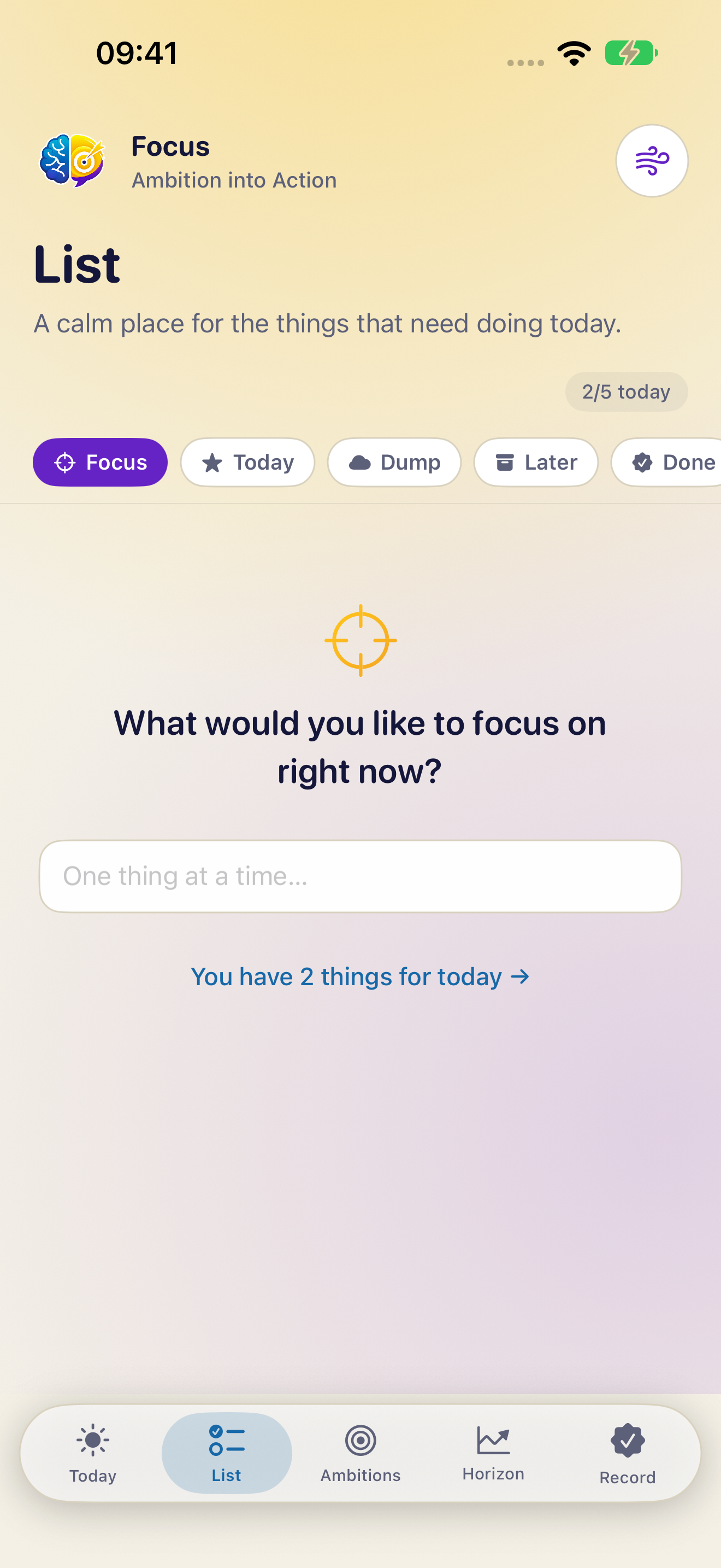 Focus List on iPhone, light appearance. Illustrative app entries.