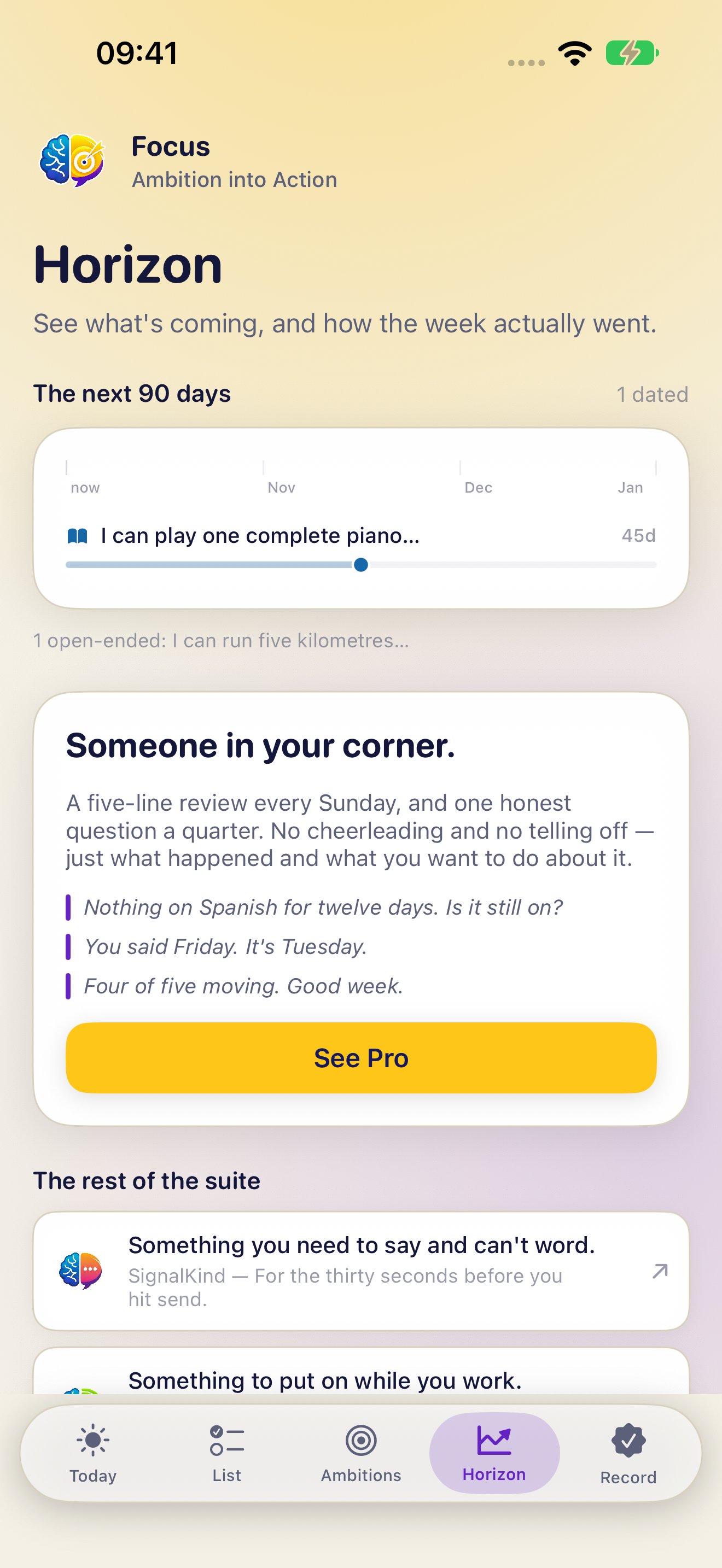 Focus Horizon on iPhone, light appearance. Illustrative app entries.