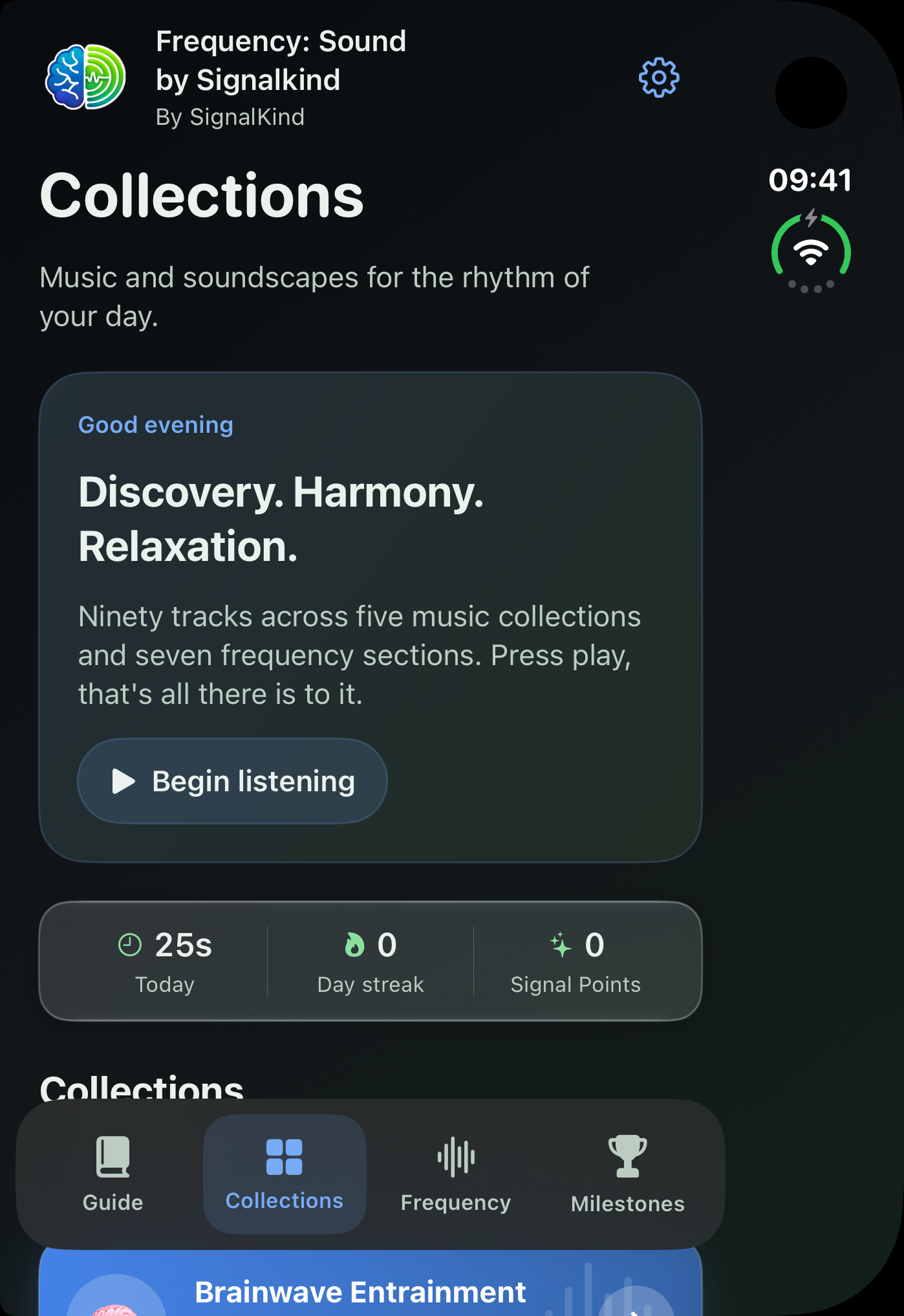 Frequency Collections on iPhone Duo outer display, dark appearance. Illustrative app entries.