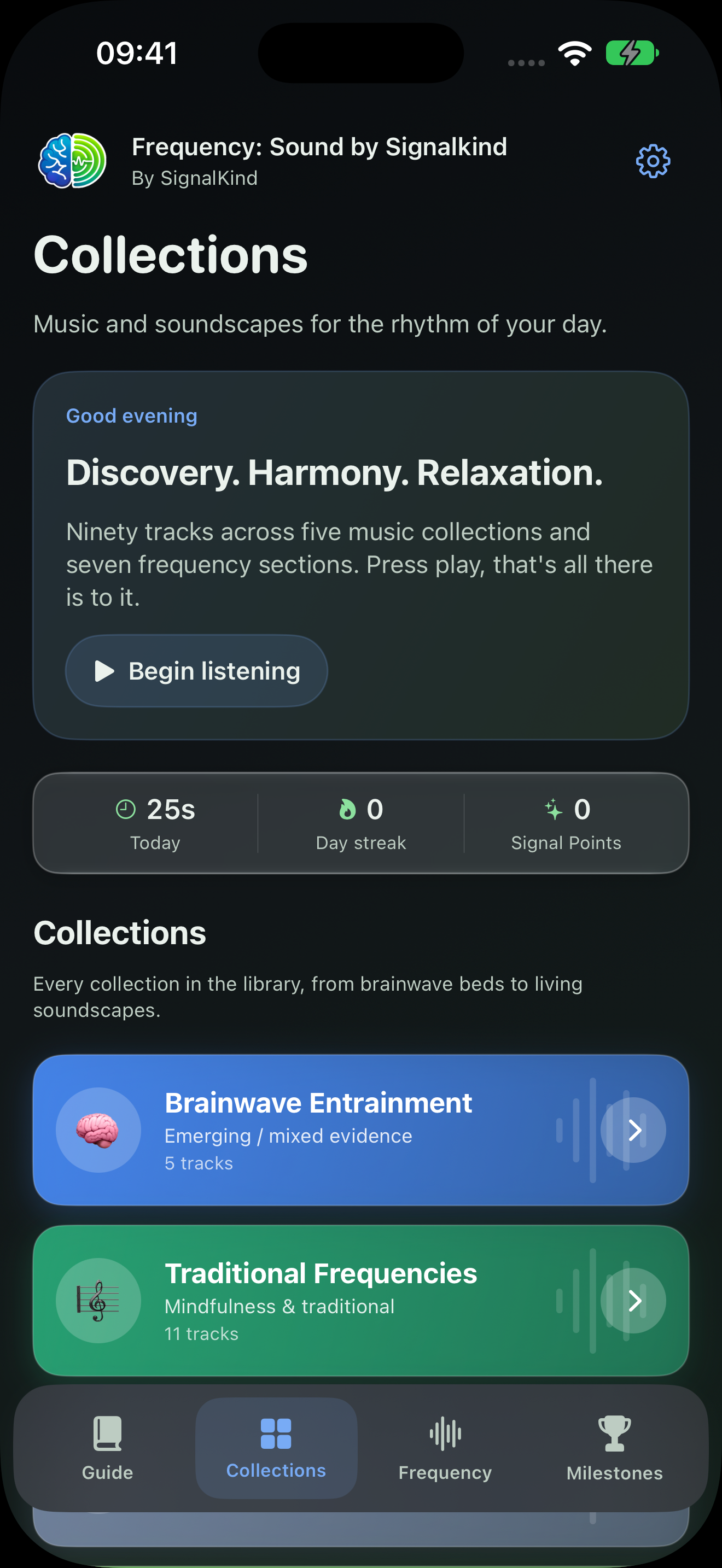 Frequency Collections on iPhone, dark appearance. Illustrative app entries.