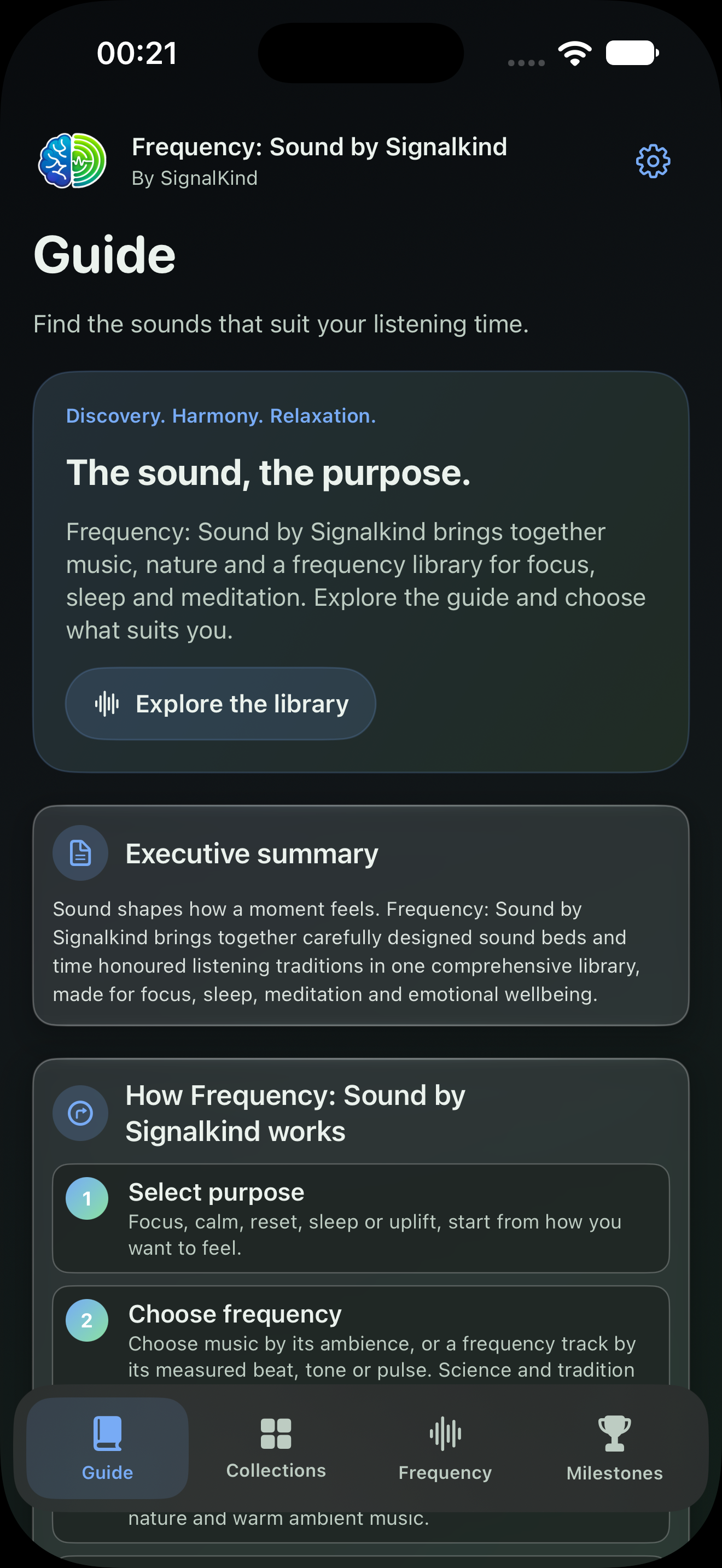 Frequency Guide on iPhone, dark appearance. Illustrative app entries.