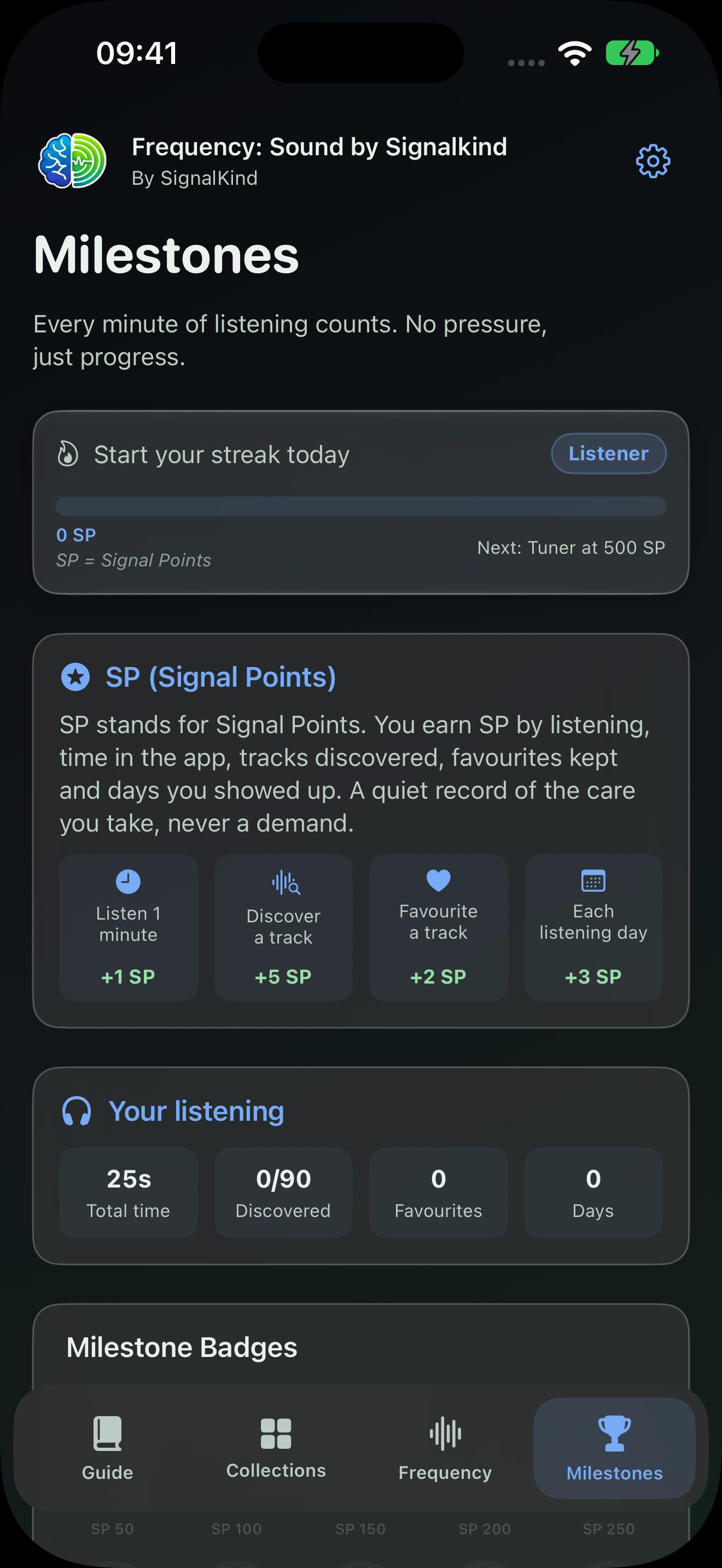 Frequency Milestones on iPhone, dark appearance. Illustrative app entries.