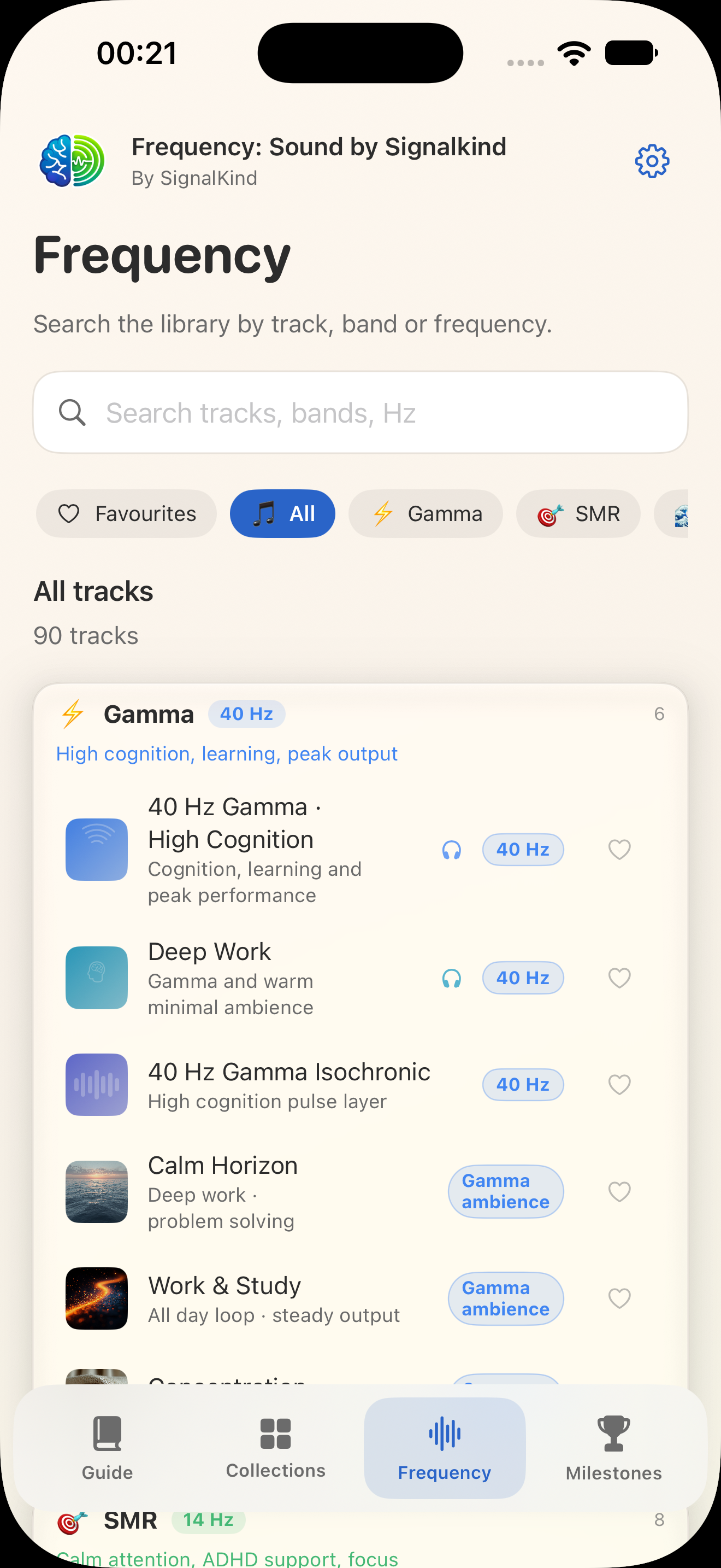 Frequency Library on iPhone, light appearance. Illustrative app entries.