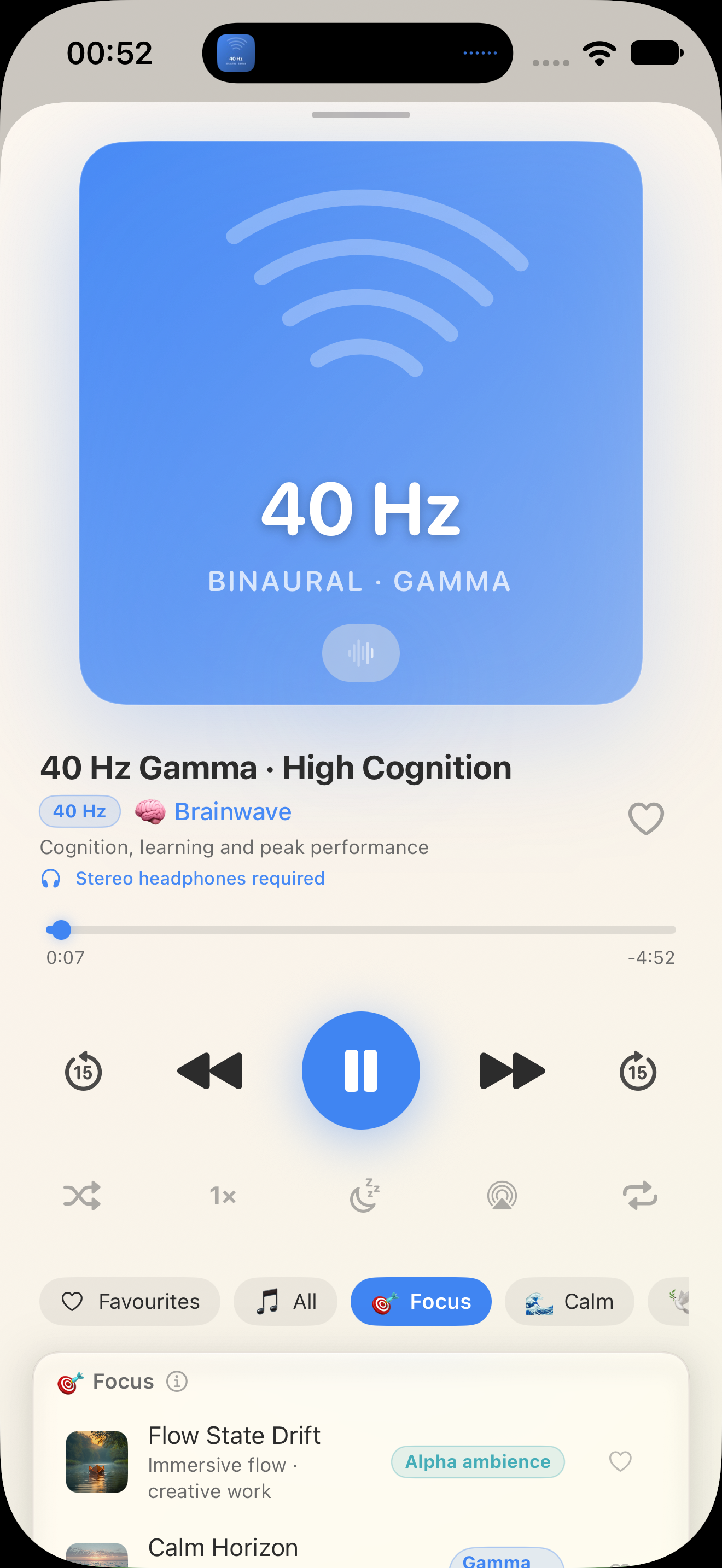 Frequency Player on iPhone, light appearance. Illustrative app entries.