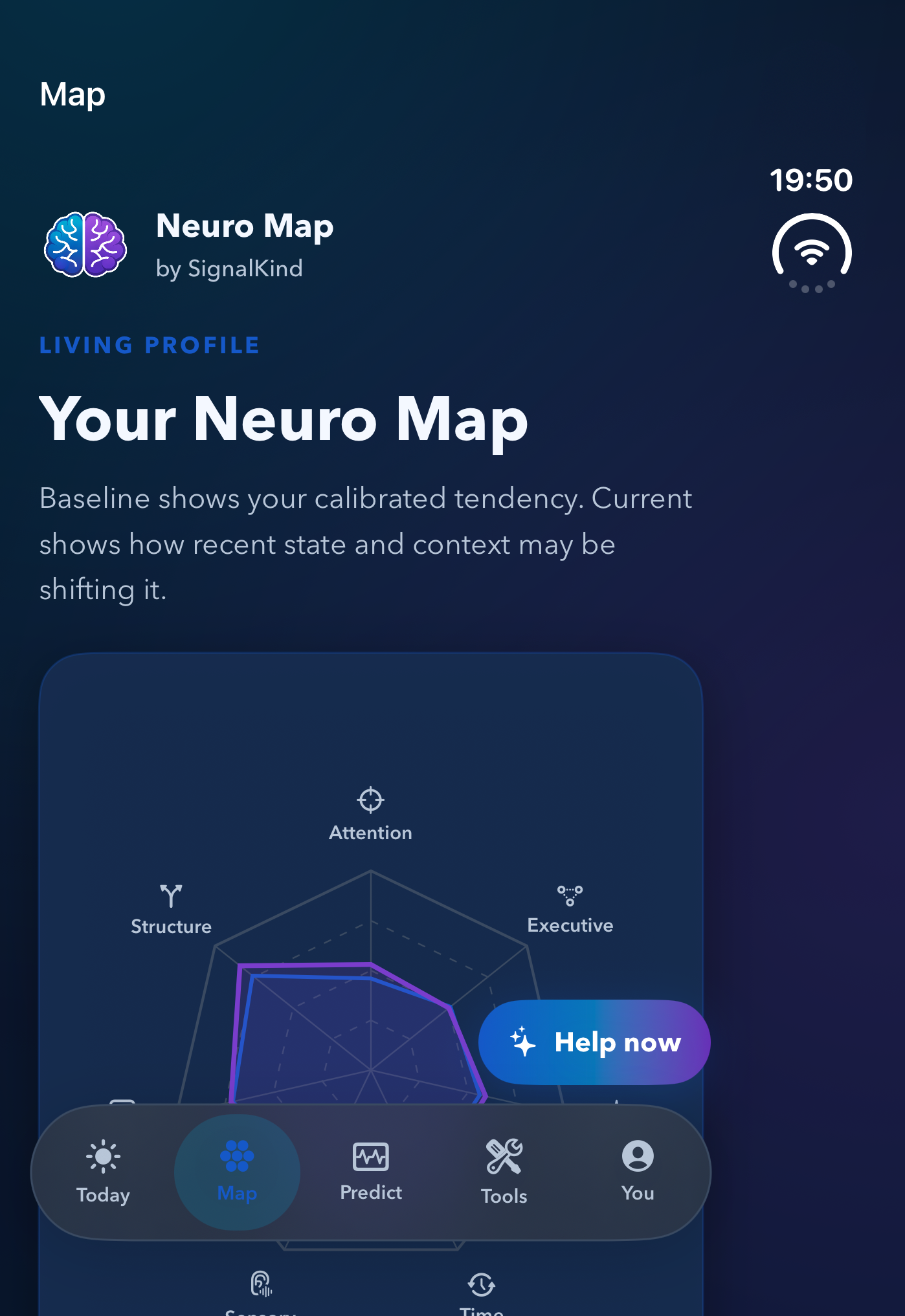 Neuro Map Map on iPhone Duo outer display, dark appearance. Illustrative app entries.