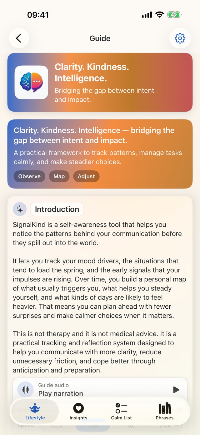 The Signalkind Guide screen — Clarity, Kindness, Intelligence and the Observe, Map, Adjust framework