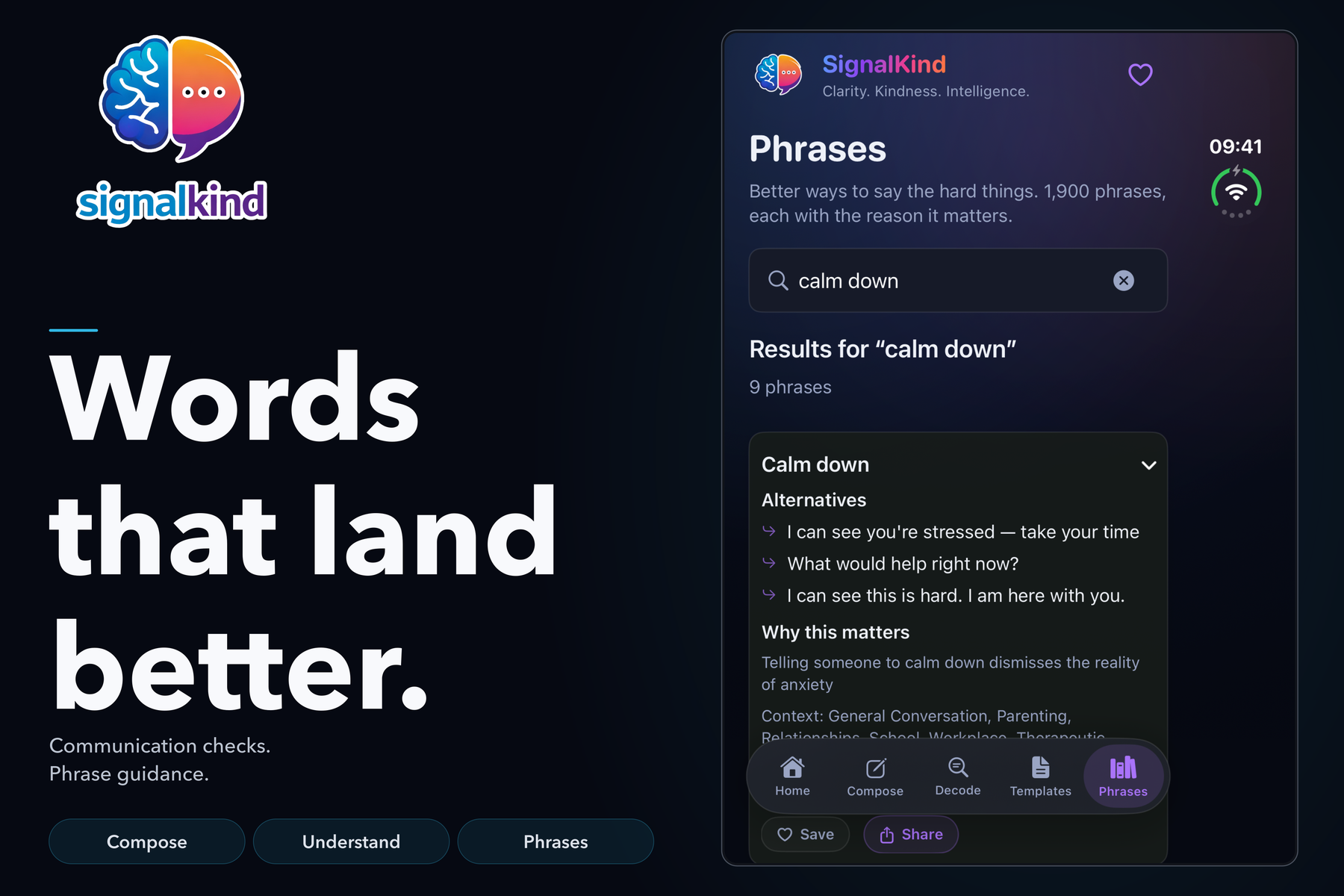 Communication: Find the words. Keep the choice.. Actual app screen with illustrative entries.
