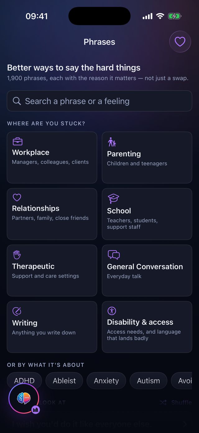 The Signalkind phrase bank, sorted by where you are stuck