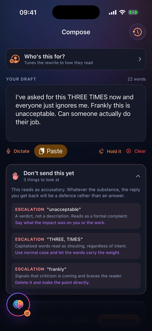 Send Check naming the exact phrases in a draft that will land badly