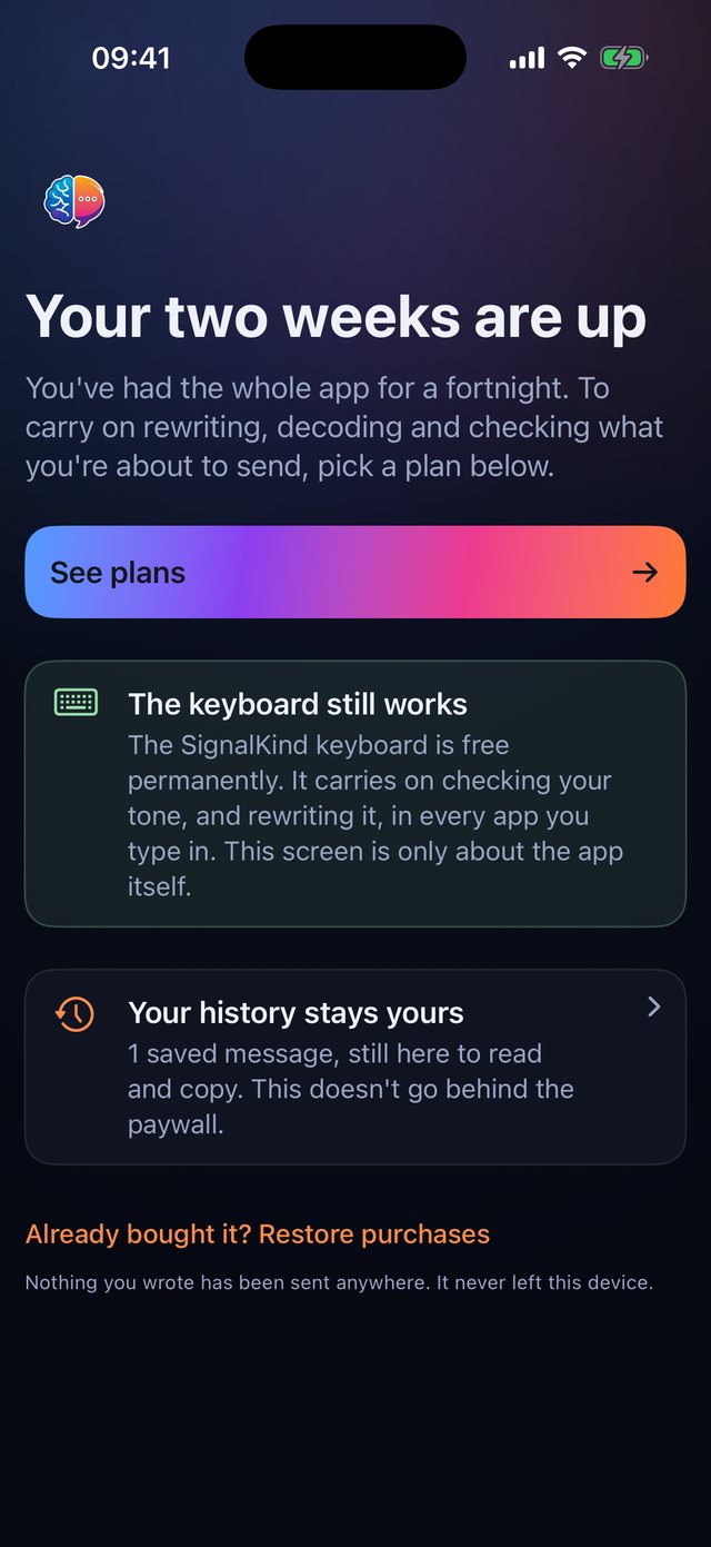 The Signalkind screen shown when a trial ends, keeping history and the keyboard